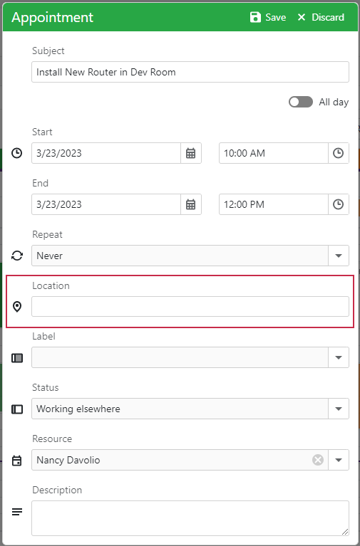 Scheduler Appointment Form Location