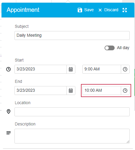 Scheduler Appointment Form End Time