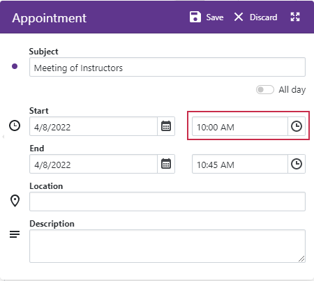 Scheduler Appointment Form Start Time