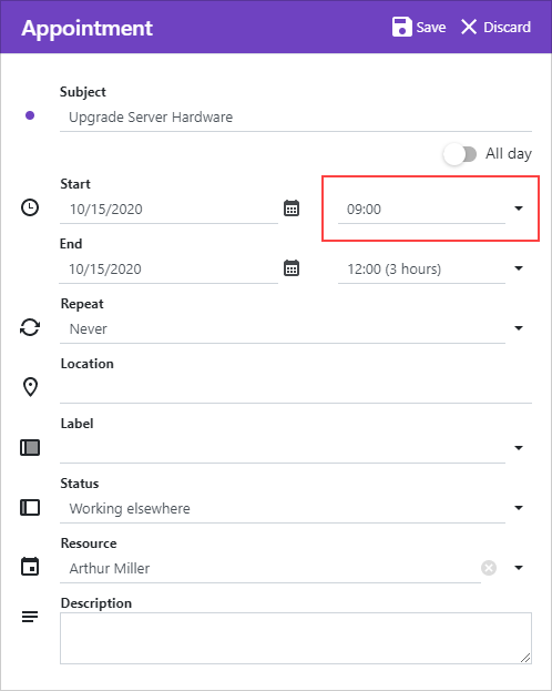 Scheduler Appointment Form Start Time