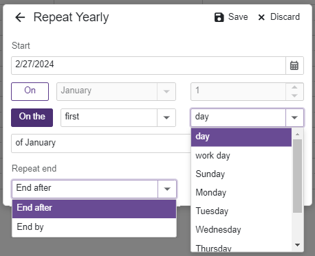 Custom Recurrence form