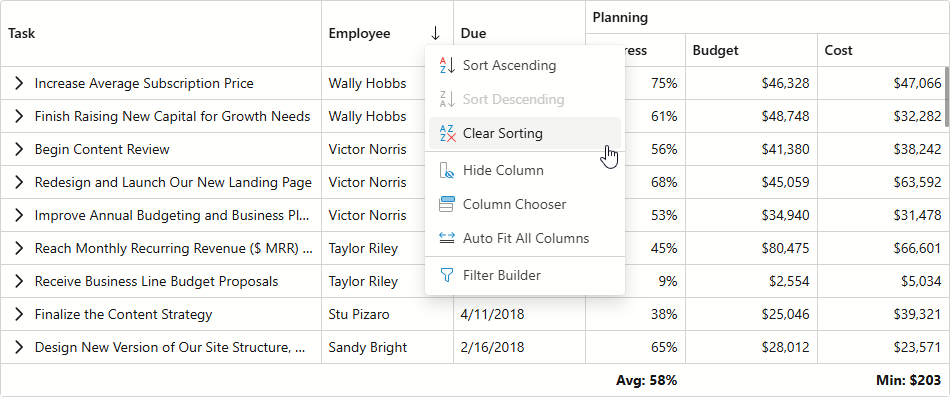 DevExpress Blazor TreeList - Context Menus