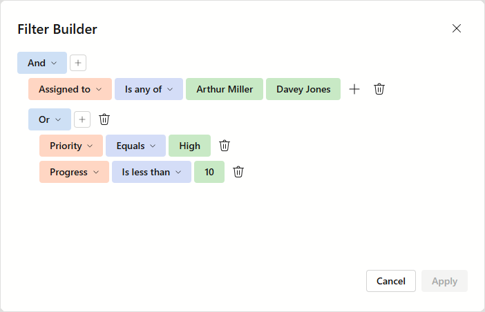 DevExpress Blazor TreeList - Built-in Filter Builder Dialog