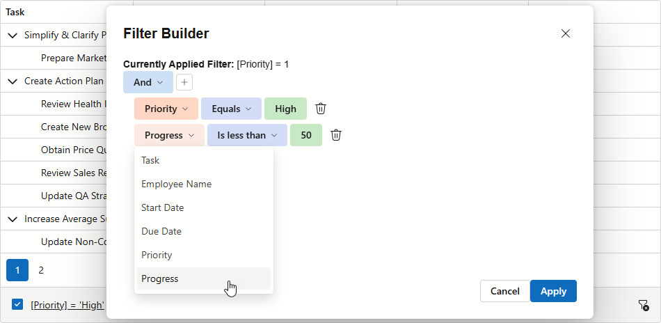 DevExpress Blazor TreeList - Filter Builder Template