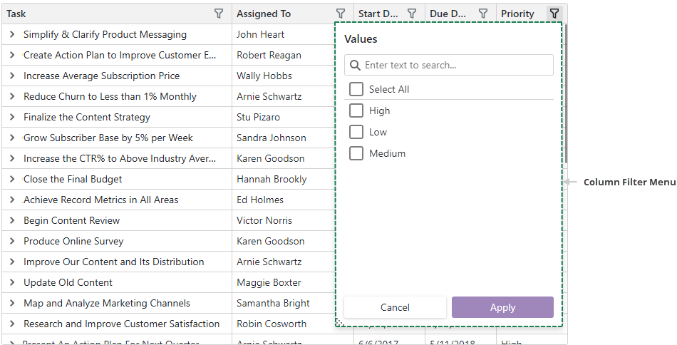 Blazor TreeList - Data Column Filter Menu Template