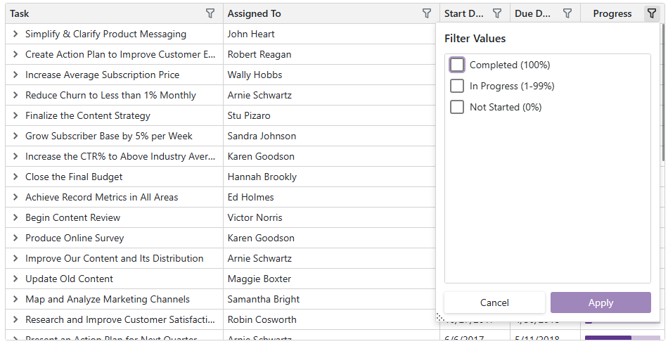 Column Filter Menu - Custom Range