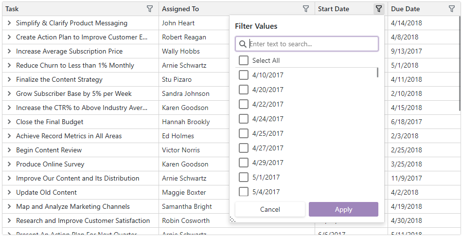 Filter Menu - Plain List