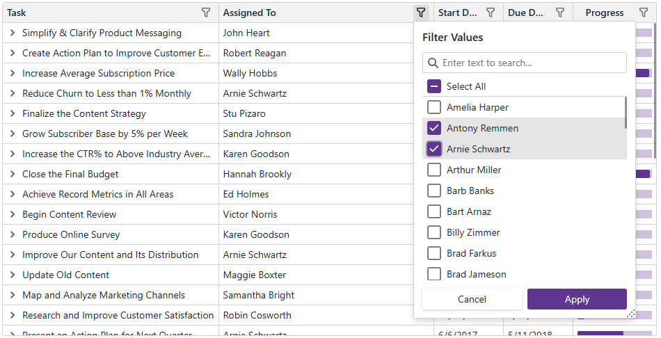 TreeList Filter Menu