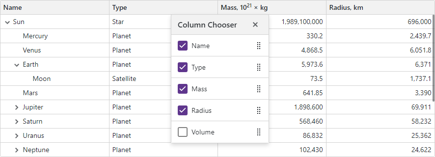 Blazor TreeList Column Chooser