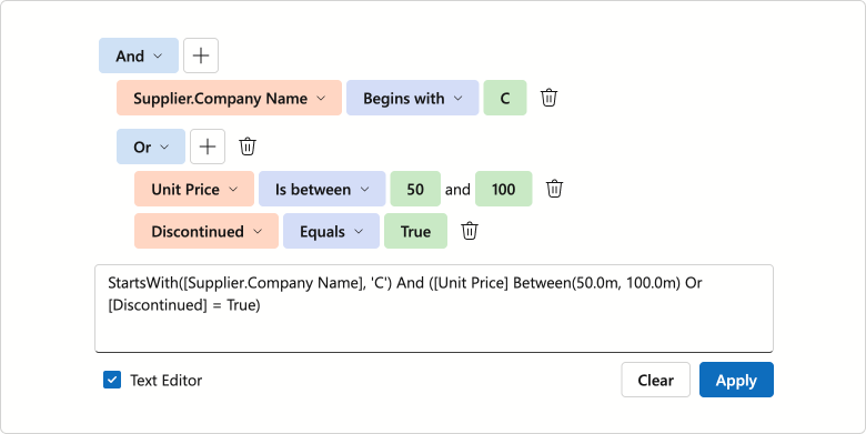 Blazor Filter Builder - Text Mode for Filter Expressions