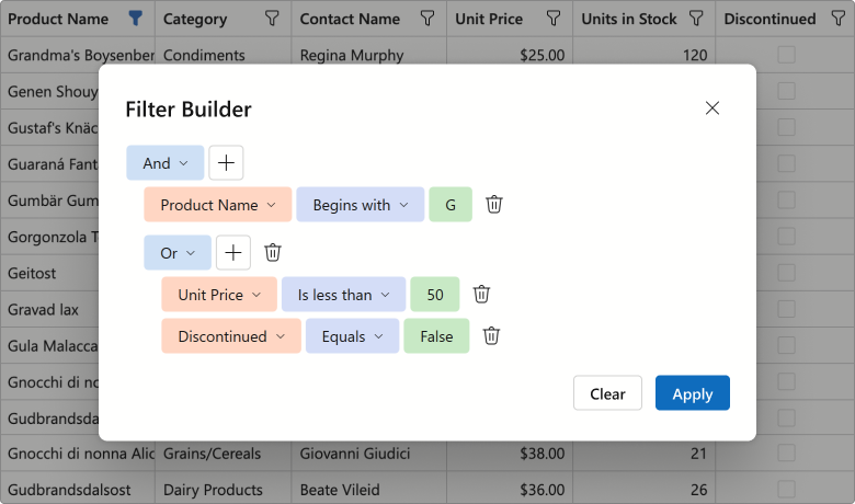 Blazor Grid & TreeList — Integrated Filter Builder