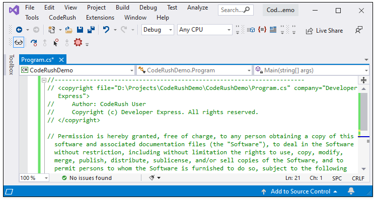 How to: Add a License to Code Files | CodeRush | DevExpress Documentation