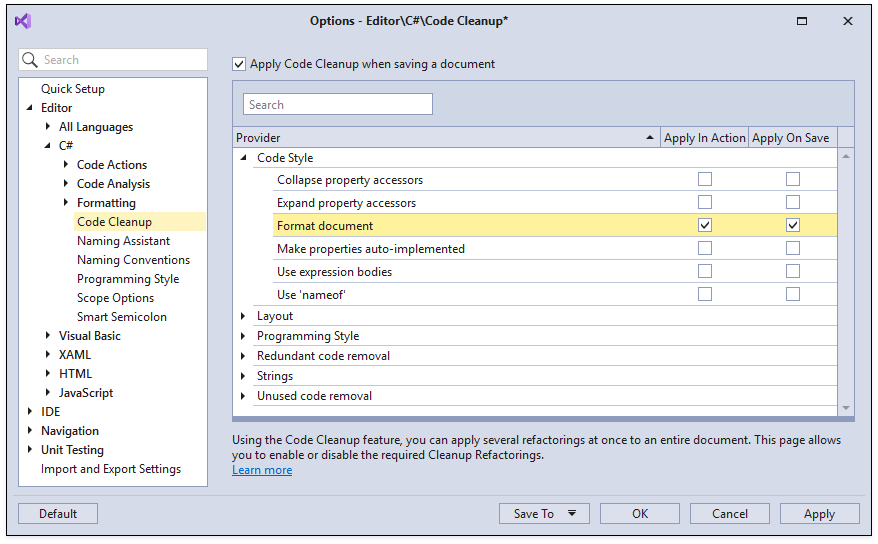 visual studio format document not working while