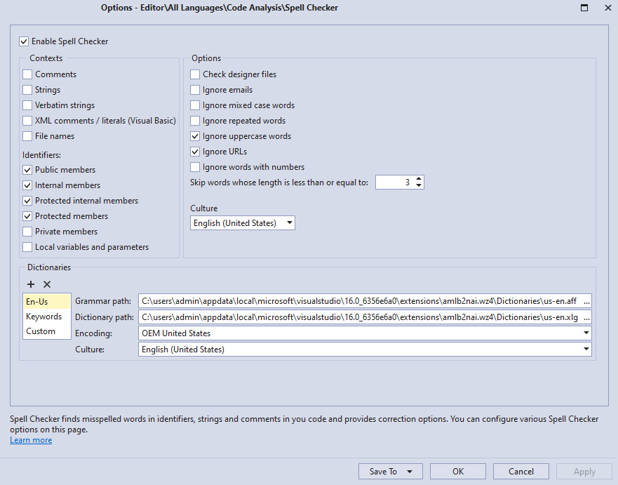 Visual studio spell checker настройка