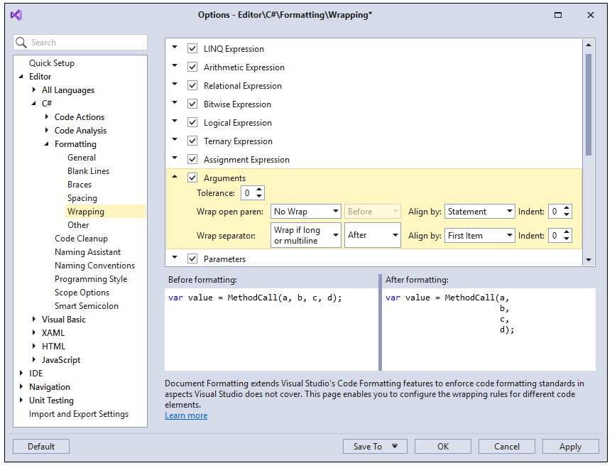 Wrap, indent, and align refactorings - Visual Studio (Windows