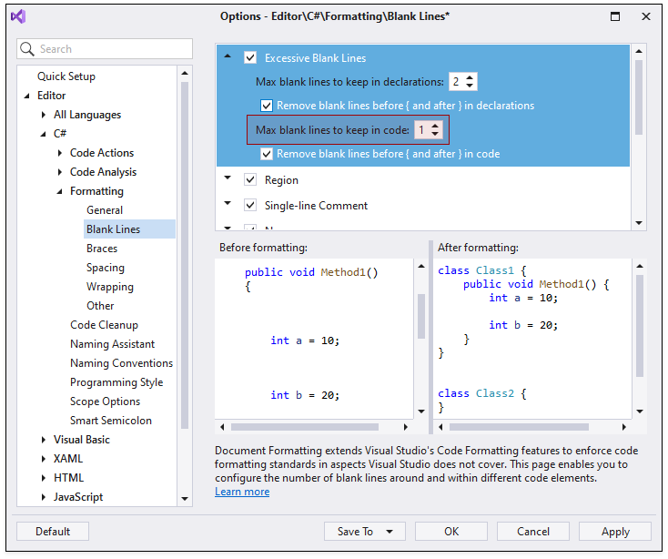 visual studio code format remove empty lines