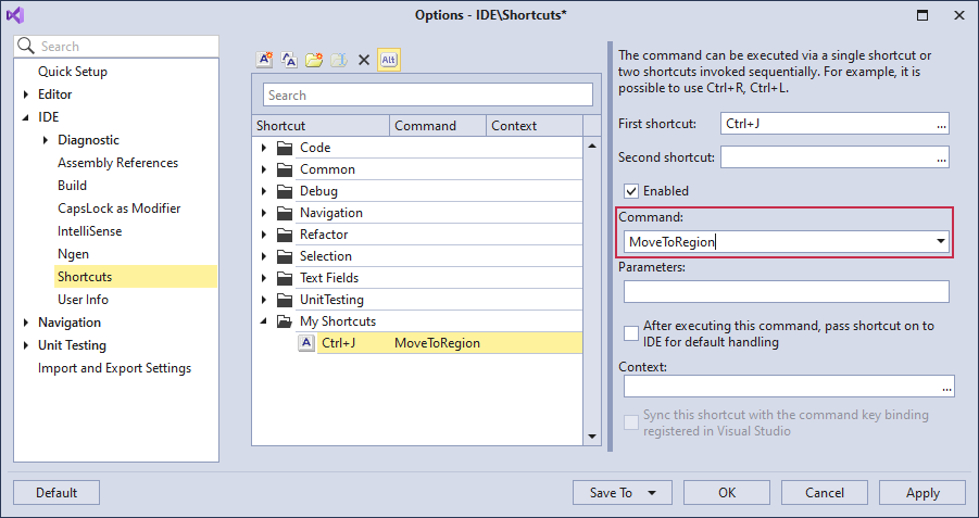 MoveToRegion Shortcut Settings