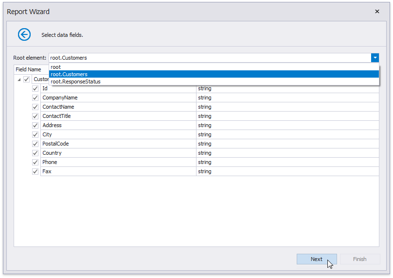 Report Data Source Wizard - Specify the Schema.