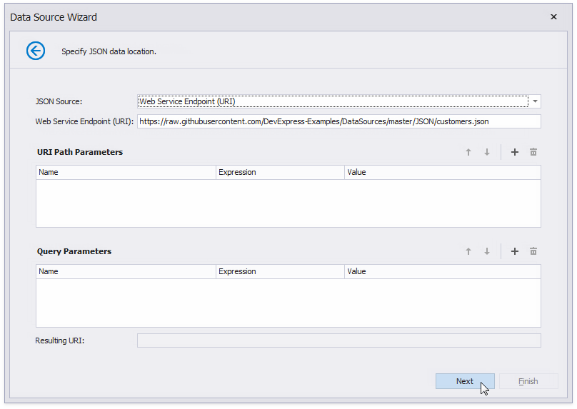 Report Data Source Wizard - Specify JSON Data Location.