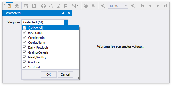 A multi-value parameter with all selected predefined values