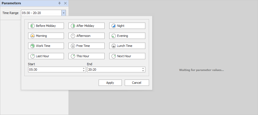 A time range parameter's editor on Print Preview with predefined intervals