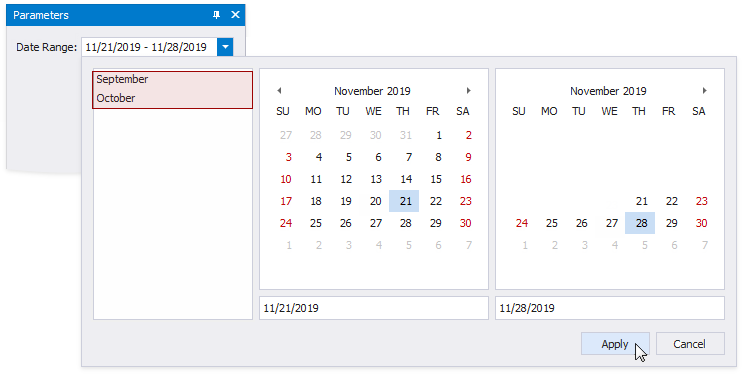 A user specifies a start date and an end date. The custom **September** and **October** date ranges are available.