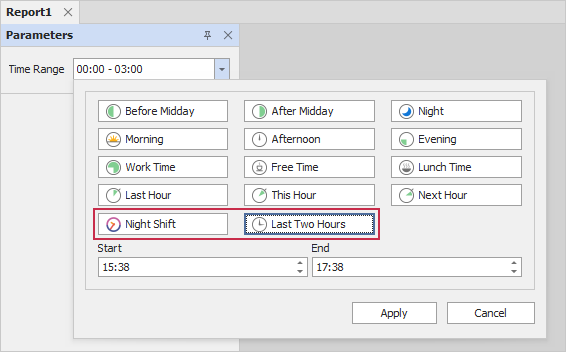 A user specifies start time and end time. The custom **Night Shift** and **Last Two Hours** time ranges are added.