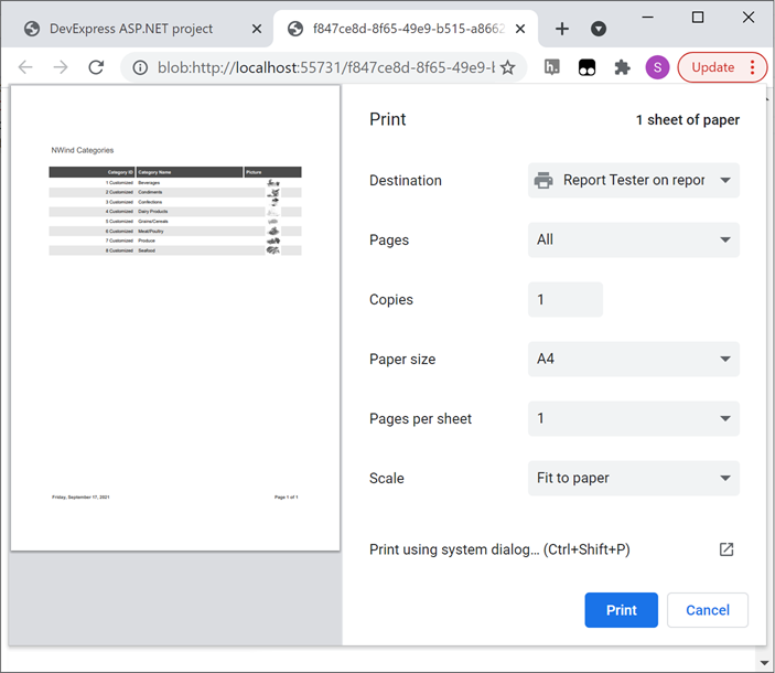 The Print dialog in a new browser tab