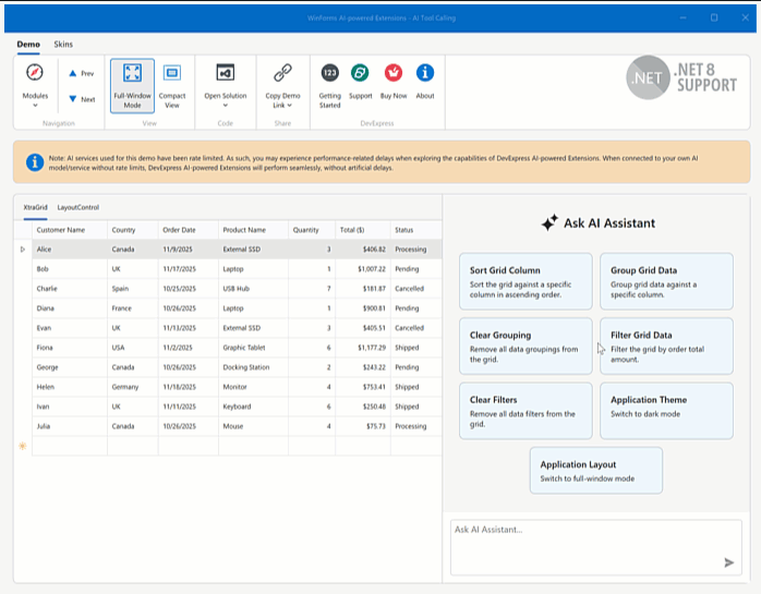 Tool Calling — WinForms AI Chat Control, DevExpress