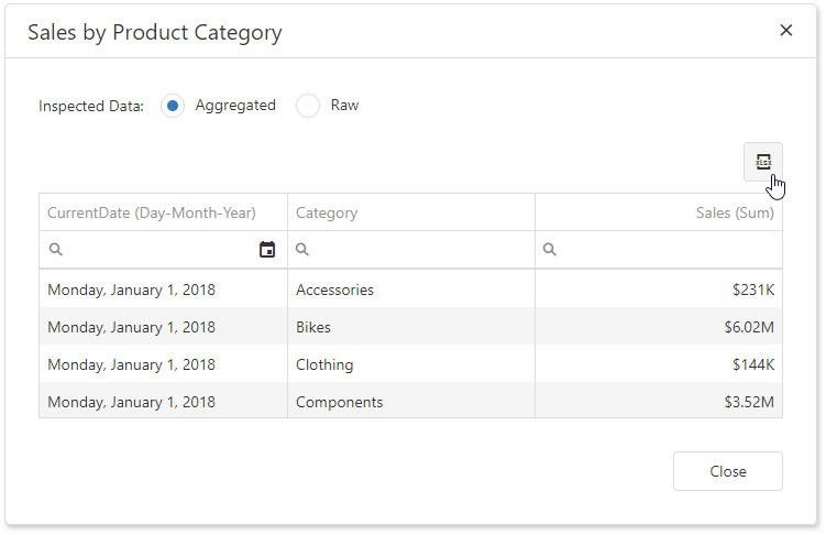 Web Dashboard - Export in Data Inspector