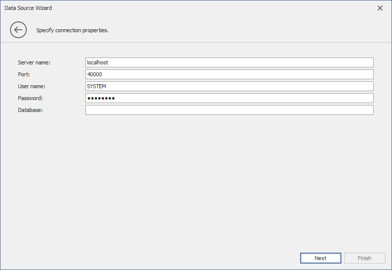 Data Source Wizard specify SAP HANA connection parameters