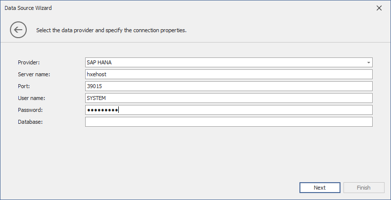 Data Source Wizard specify SAP HANA connection parameters