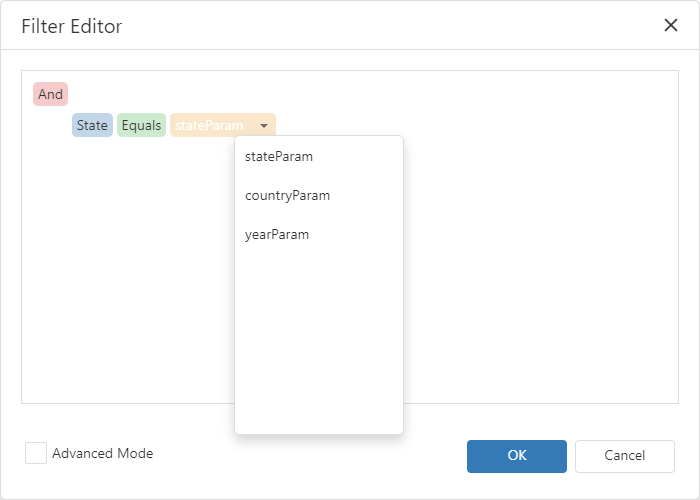 Filter Editor - Select a Dashboard Parameter