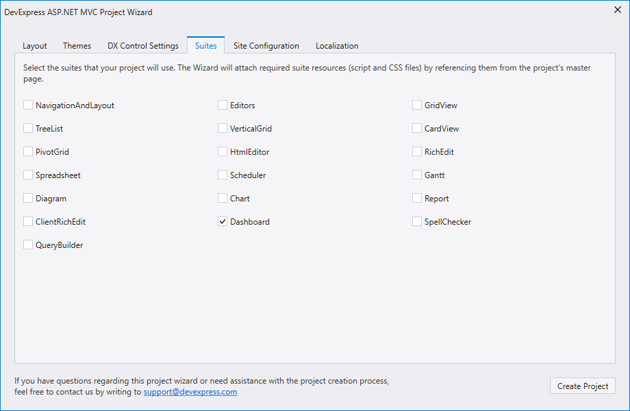 ASP.NET MVC Project Wizard - Suites Tab