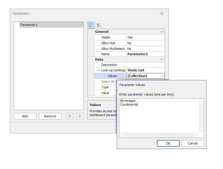 Dashboard Parameters Look-Up Settings - Static List