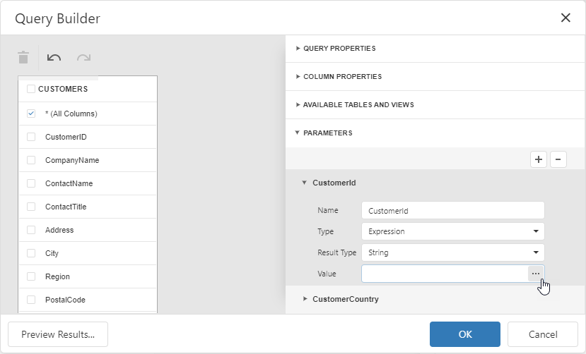 Query Builder - Parameters Section