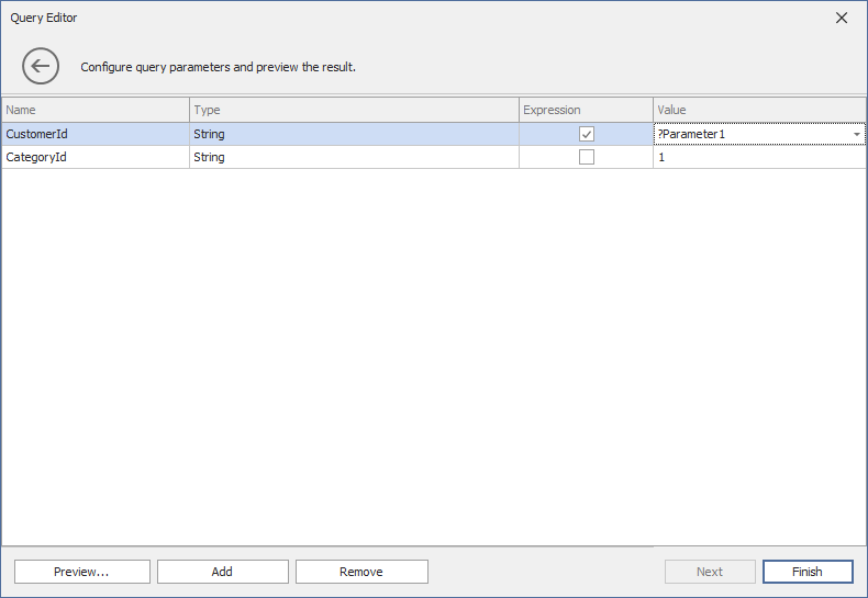 Query Editor - Second Page (Query Parameters)