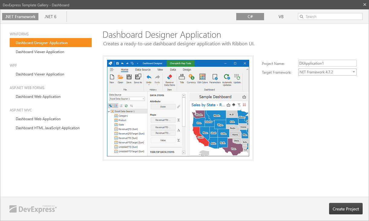 Template Gallery - WinForms Dashboard Designer Application