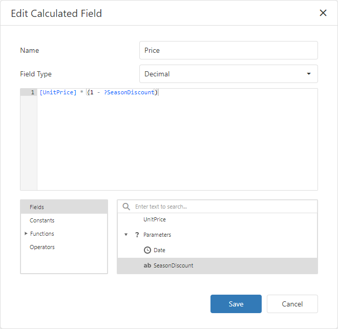 Edit Calculated Field - Reference a Dashboard Parameter