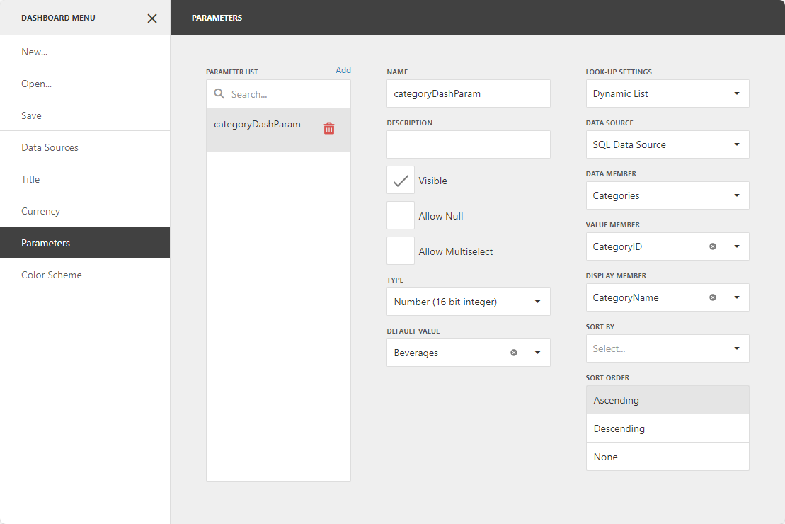 Dashboard for Web - Create Dashboard Parameter