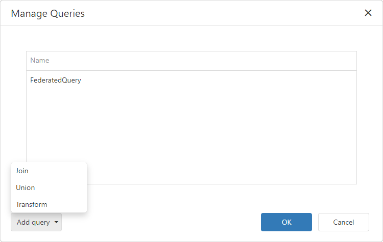 Web Dashboard - Manage queries dialog for Data Federation