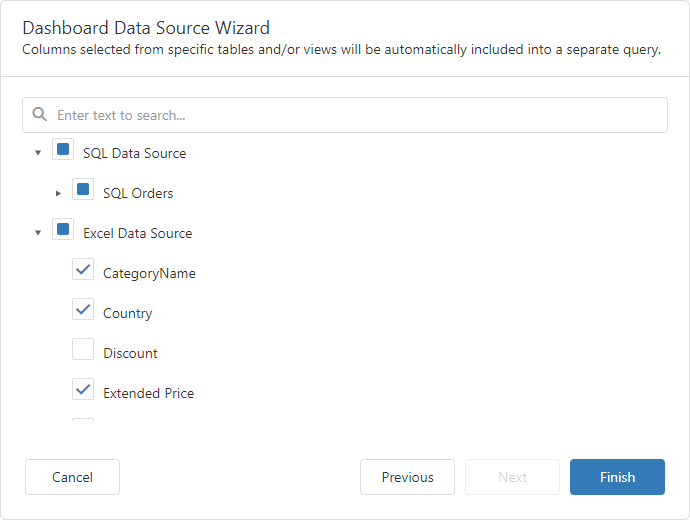 Dashboard Data Source Wizard for Data Federation - Select data fields and queries