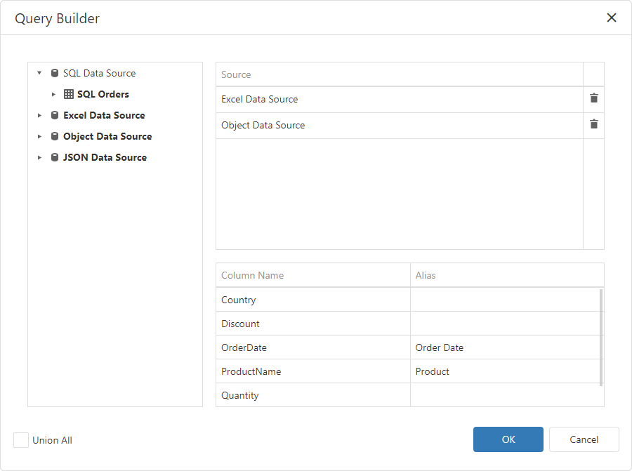 Query Builder for Data Federation - Union query