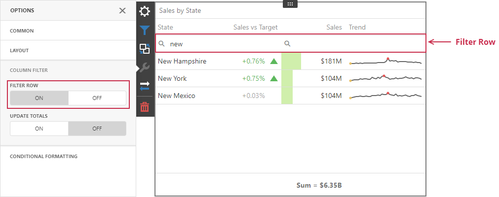 Web Dashboard - Enabled filter row (text box)