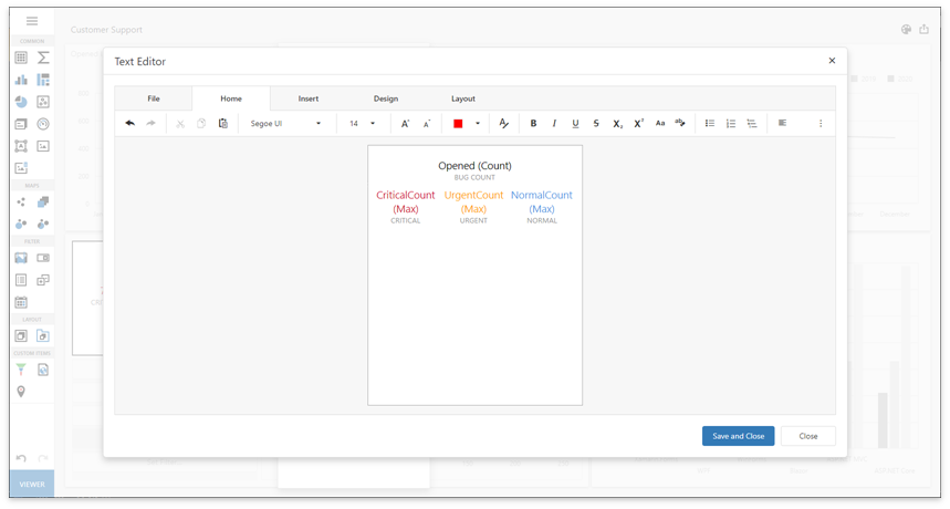Web dashboard - Text box item editor overview