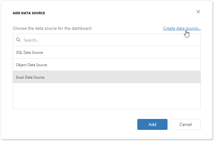 web Dashboard - "Create data source" window