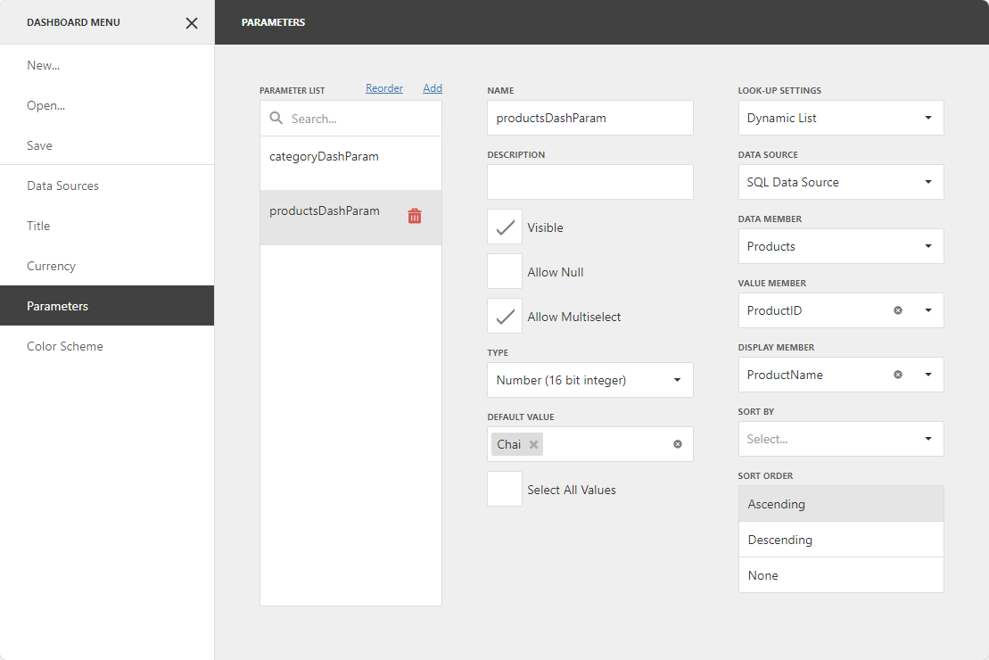 Dashboard for Web - Create Dashboard Parameter