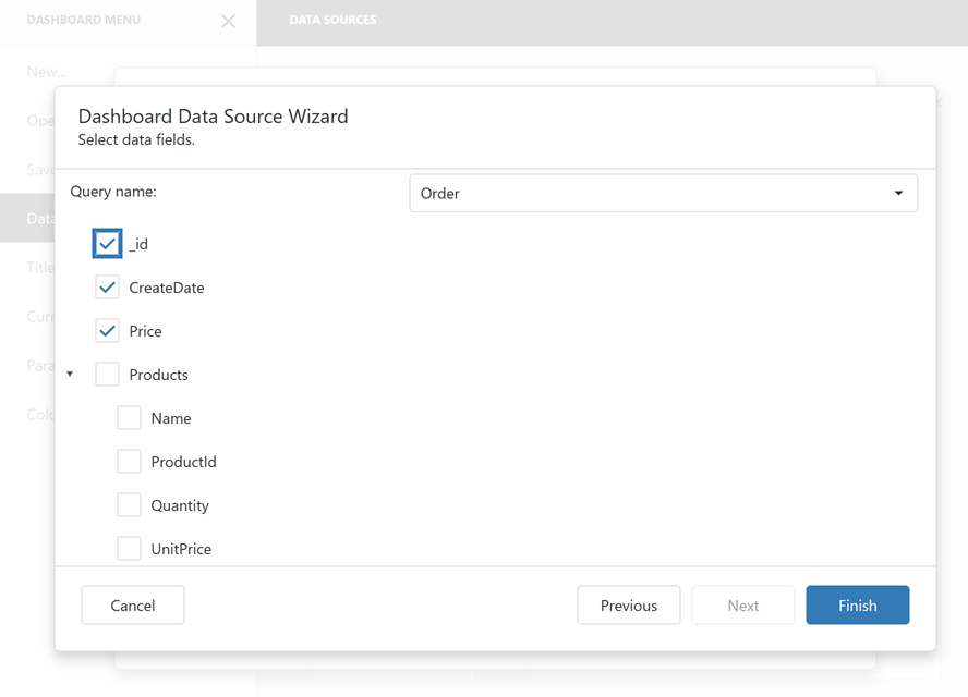 Select Data Fields - Web Dashboard, DevExpress