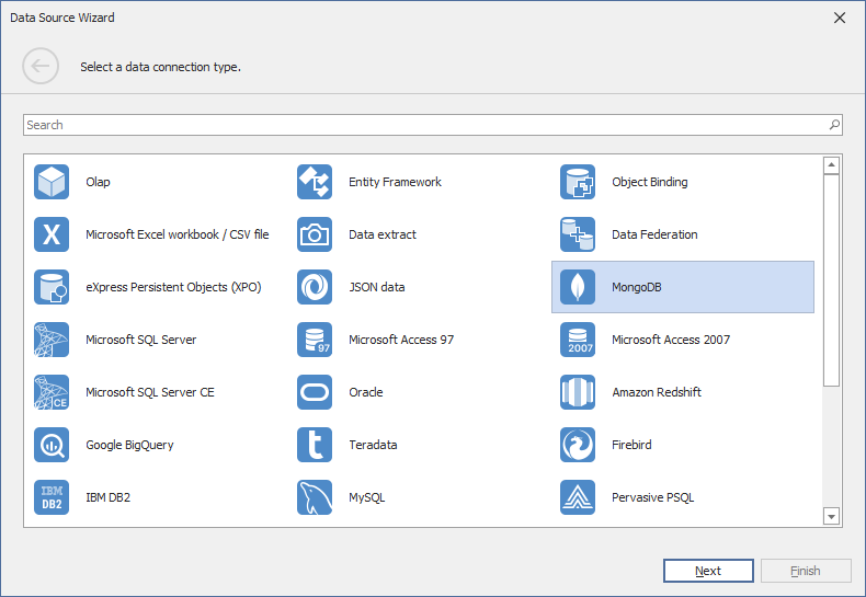 Data Source Wizard DataBase MongoDB