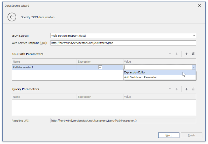 specify JSON-formatted data location and request parameters